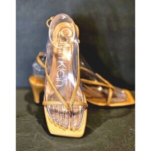 Calvin Klein Willo Tan Leather Strappy Kitten Heel Sandals Women's Size 6.5 M